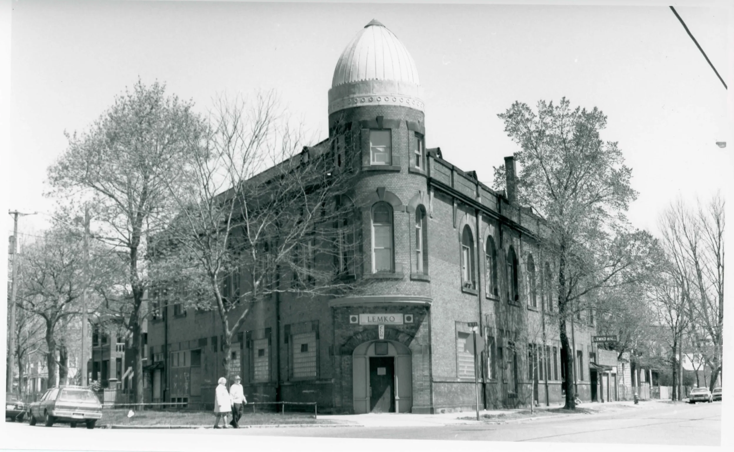 Historic black and white photograph of Lemko Hall showing the full building with its distinctive dome