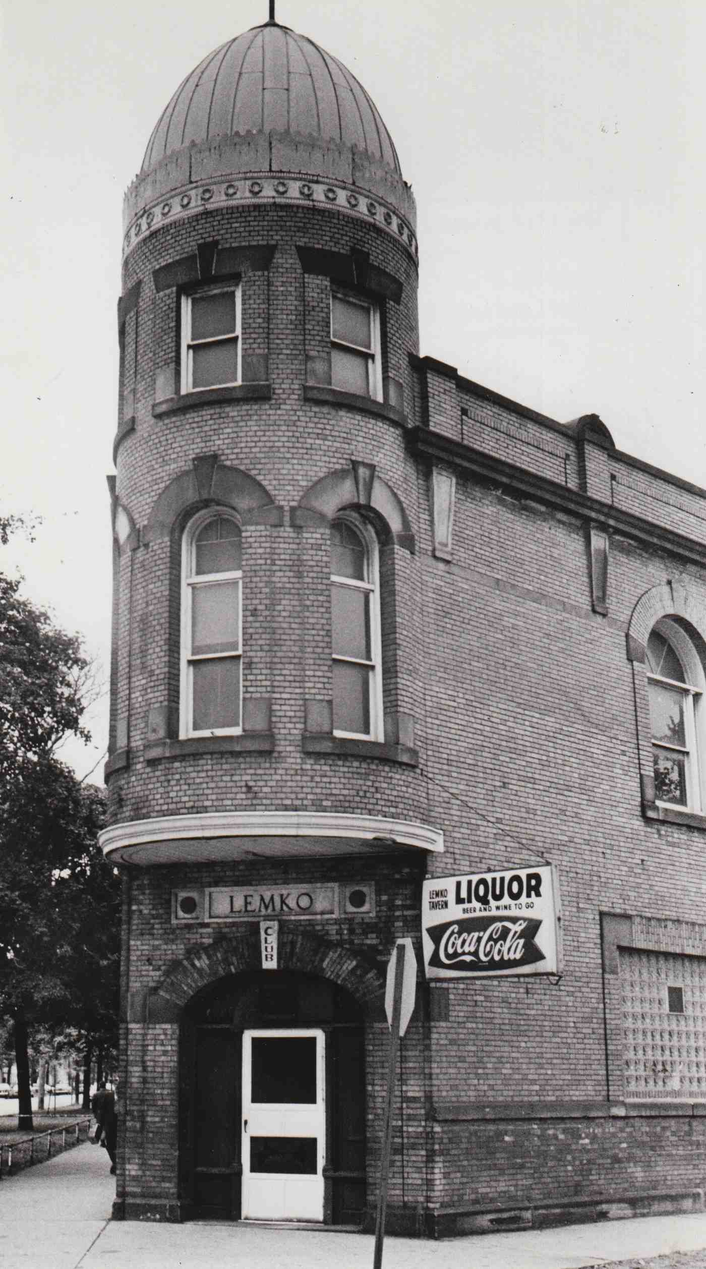 1973 photo of Lemko Hall showing the Lemko Club sign with vintage Coca-Cola signage